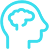 A blue pixel art of a head with a brain inside it.
